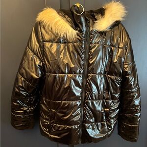 Girls Black Puffer Jacket with Faux Fur Hood
